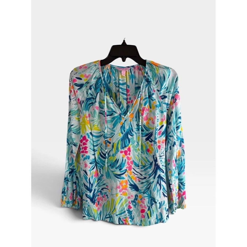 Lilly Pulitzer Womens Shirt Size Small Long Sleeve Tie Tropical Floral Blue